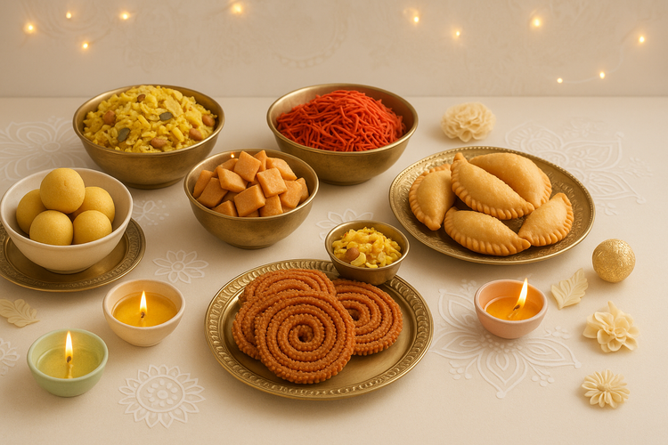 Keep as it is replace sev with red sev, chakali on a dish and replace corn chiwda with corn fried chiwda surrounded with light color