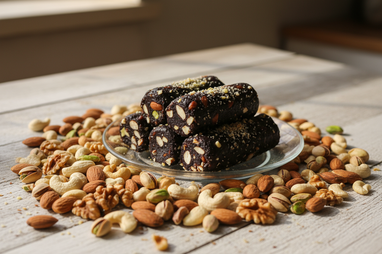 Black dates dryfruits rolls in cylindrical shaped on glass plate surrounded with DryFruits 