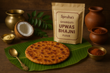 create had image of upwas bhajni on banana leaf with konkan tradition surrounding along with upwas bhajni flour and packet with written on Spruha’s Gharguti upwas bhajni flour