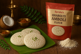 create hd image of amboli on banana leaf with konkan tradition surrounding along with Amboli flour and packet with written on Spruha’s Gharguti Amboli flour
