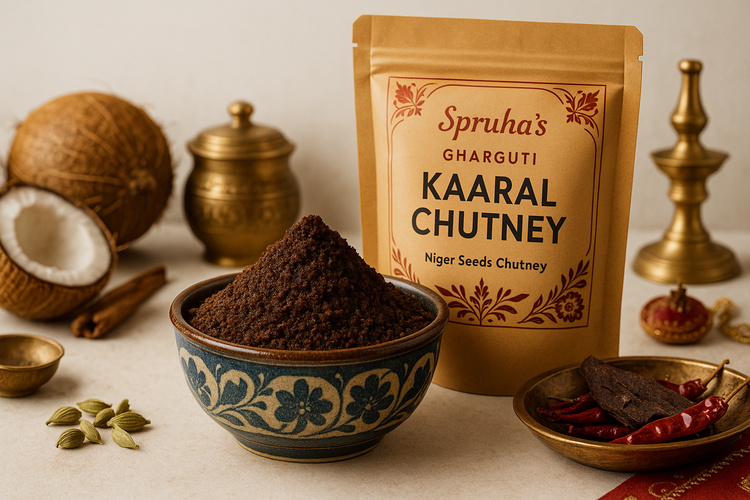 Create HD image of garlic Niger seeds powder on attractive bowl surrounding with Konkani tradition in light background with packet written on Spruha’s Gharguti Kaaral Chutney