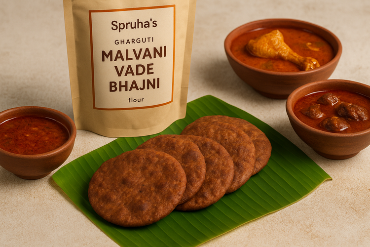 Create HD image of Malvani Vade flour with meduim round fluppy meduim dark color Malvani Vade on banana leaf with red curries surrounding with Konkani tradition in light background with packet written on Spruha’s Gharguti Malvani Vade Bhajni in english
