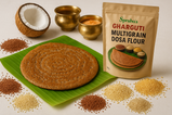 Create HD image of Multigrain mix dosa flour with medium dark color Multigrain millet dosa on banana leaf surrounding with millets with Konkani tradition in light background with packet written on Spruha’s Gharguti Multigrain Dosa Flour in english