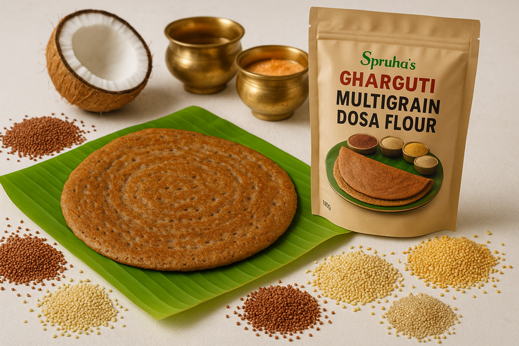 Create HD image of Multigrain mix dosa flour with medium dark color Multigrain millet dosa on banana leaf surrounding with millets with Konkani tradition in light background with packet written on Spruha’s Gharguti Multigrain Dosa Flour in english