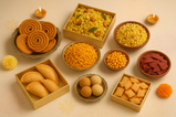 Diwali faral combo pack of chakali, poha Chivda, karanji, orange color sev, fried corn Chivda, Shankarpalli, besan ladoo, rava ladoo, multigrain murmura Chivda, nachni beet root mix chips surrounded with Diwali festival in light color