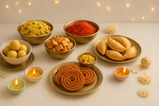 Keep as it is replace sev with red sev, chakali on a dish and replace corn chiwda with corn fried chiwda surrounded with light color