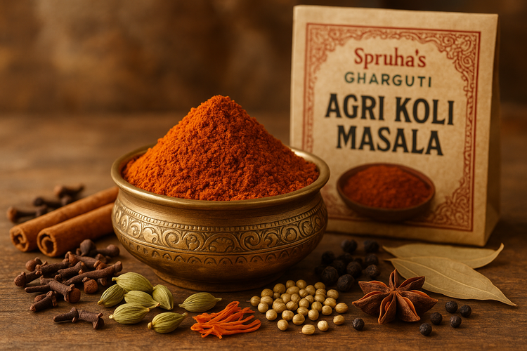 Make hd image of agri Koli masala in a brass bowl surrounding with coastal Indian traditional with cloves, cinnamon, cardamom, coriander, Javitri, Starful, Kali Miri, Tejpatta spices background, packet written with Spruha’s Gharguti Agri Koli masala