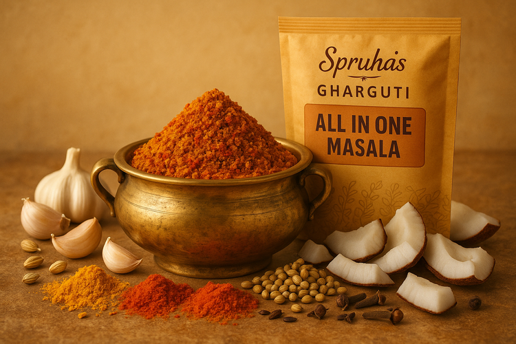 Make hd image of all in one masala in a brass bowl with surrounded with konkani tradition light in color & more spices garlic & dry coconut, packet written on Spruha’s Gharguti All in One masala