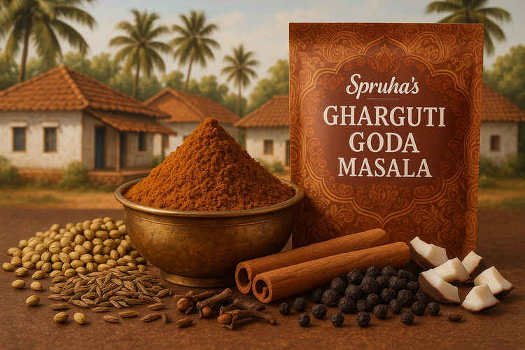 Make hd image of brown masala in brass bowl surrounded with Konkani village background in white and raw spices, dry coconut with packet written on Spruha’s Gharguti Goda Masala