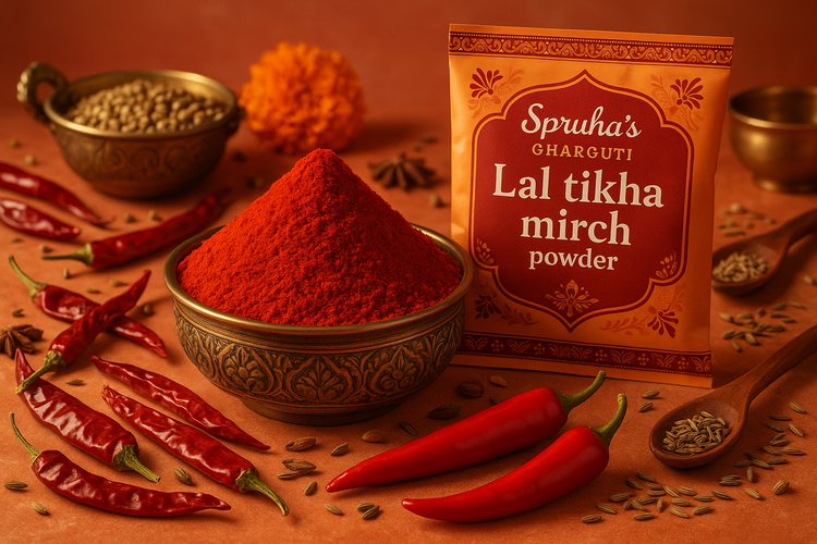 Make hd image of chilly powder in a brass bowl surrounding with Indian traditional with different red chillies background in light red color, packet written with Spruha’s Gharguti Lala tikha mirch powder