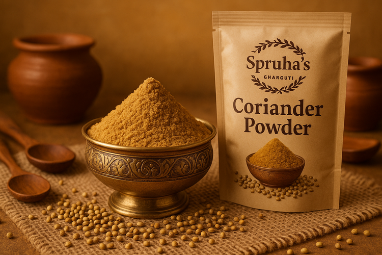 Make hd image of coriander powder in a brass bowl surrounding with Indian traditional with coriander seeds background in light brown golden color, packet written with Spruha’s Gharguti Coriander powder