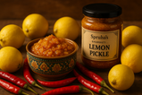 Make hd image of crush lemon pickle in a attractive bowl surrounded with Indian tradition lemons & red chillies with jar written on Spruha’s Gharguti lemon pickle