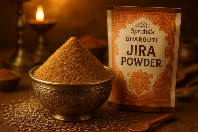 Make hd image of jira powder in a bowl with surrounded light in color with indian tradition & raw jira packet written on Spruha’s Gharguti Jira Powder