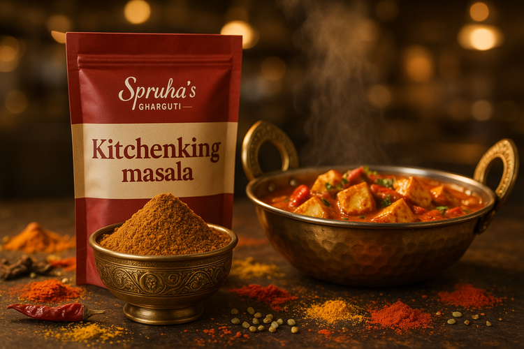 Make hd image of kitchenking masala in a brass bowl surrounding with paneer Kadhai in brass kadhai with spices background in rich restaurant, packet written with Spruha’s Gharguti Kitchenking masala