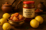 Make hd image of nice lemon pickle in a attractive bowl surrounded with Indian tradition lemons with jar written on Spruha’s Gharguti lemon pickle