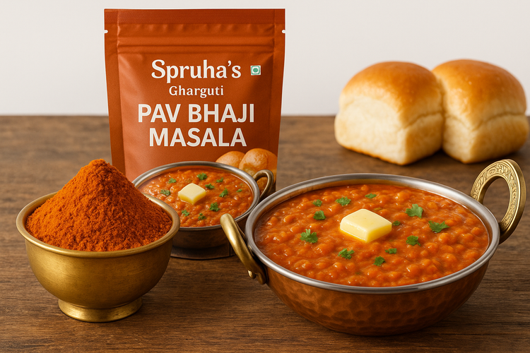 Make hd image of pav bhaji masala in a brass bowl surrounding with pav bhaji in a dish on wooden table with background of white color, packet written with Spruha’s Gharguti Pav bhaji masala