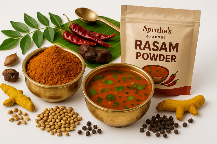Make hd image of rasam powder in a brass bowl with rasam in a attractive bowl surrounded with South Indian tradition & spices around with white background, packet written on Spruha’s Gharguti Rasam Powder