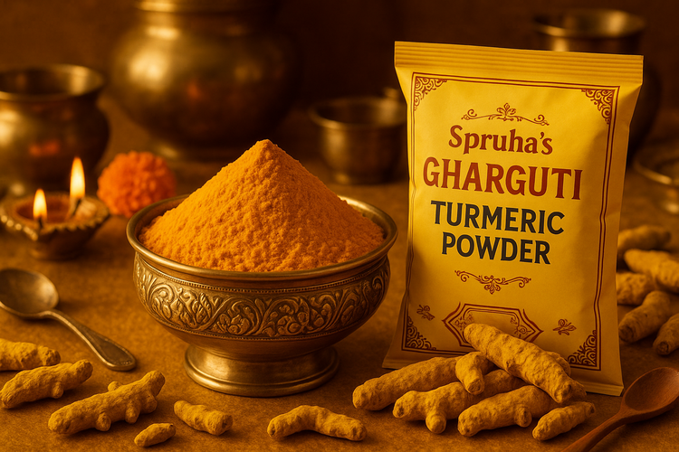 Make hd image of turmeric powder in a brass bowl surrounding with Indian traditional with raw turmeric background in yellow golden color, packet written with Spruha’s Gharguti Turmeric powder